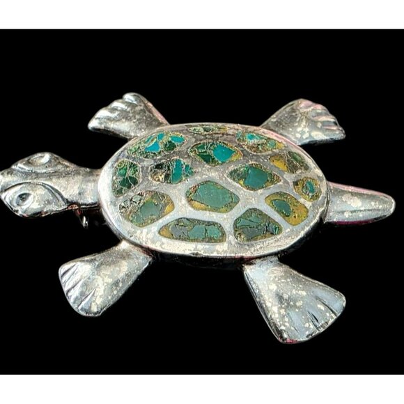 VTG Taxco Sterling Silver Turtle Brooch Pin Miguel Melendez Mexico Stone Inlay - Picture 3 of 14